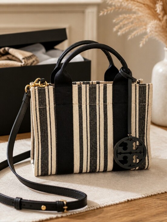 Tory Burch Handbags - Tory Burch Blue & Cream Striped Crossbody Tote With Large Tory Emblem EUC